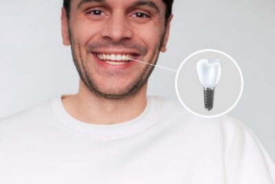 young man smiling with a dental implant